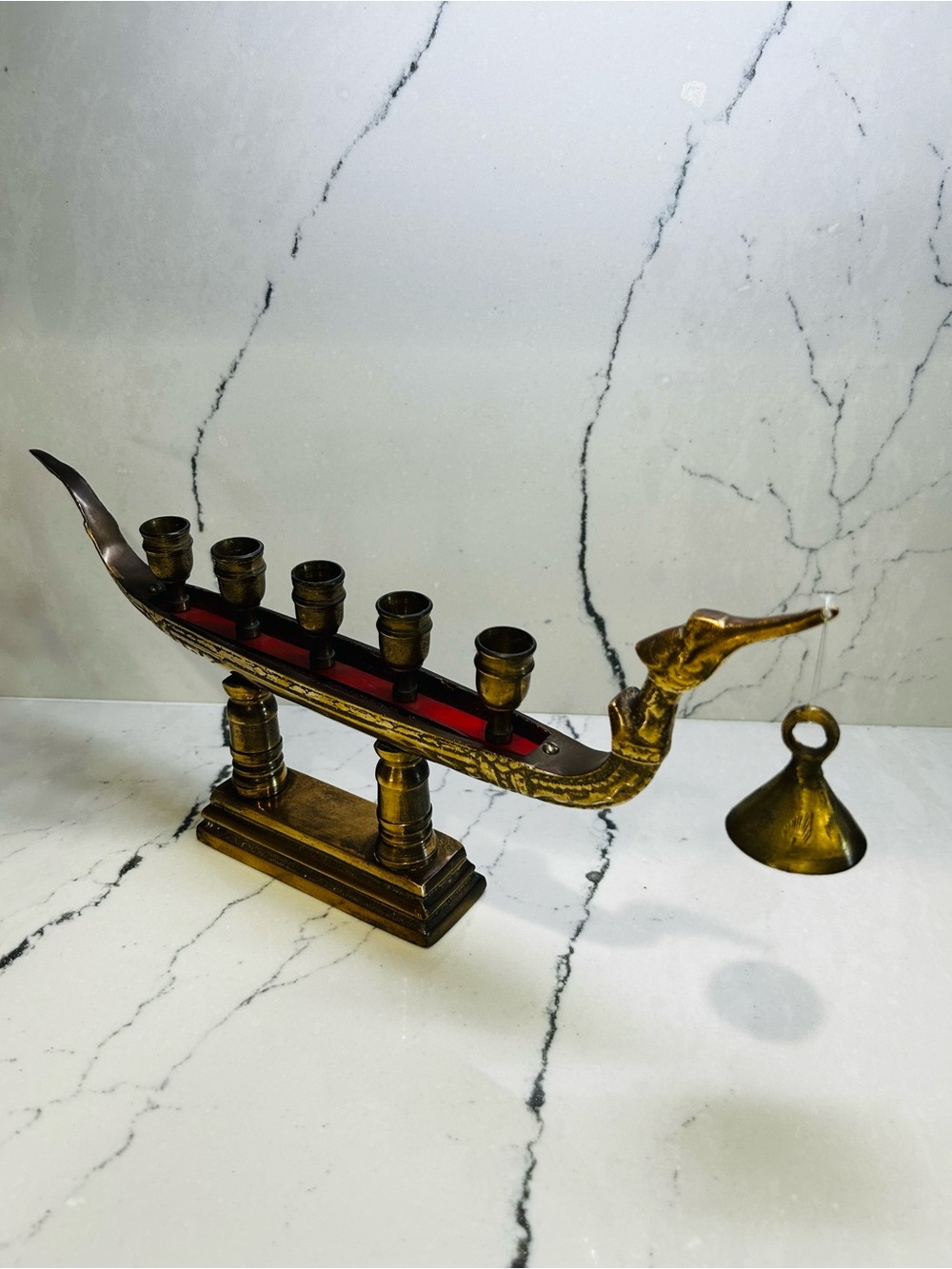Brass Viking Ship Menorah with Red Inset